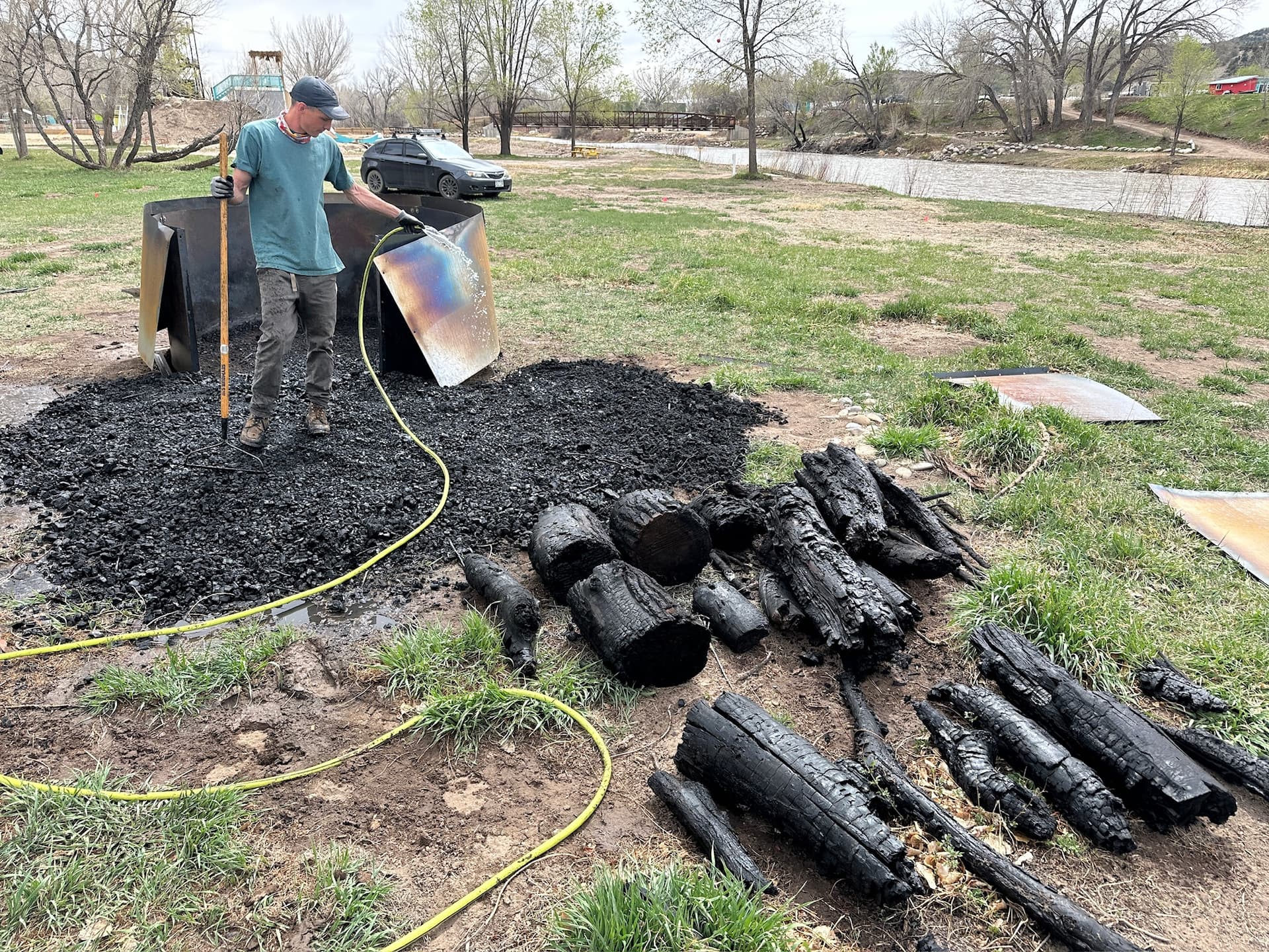 Raked out biochar harvest
